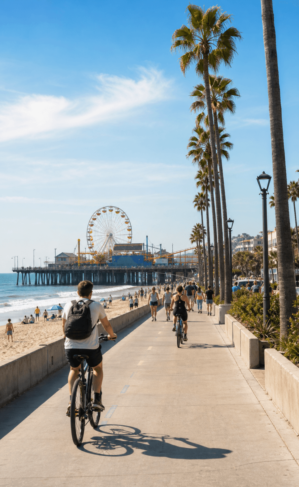 Cyclists heading toward the Santa Monica Pier on a sunny day