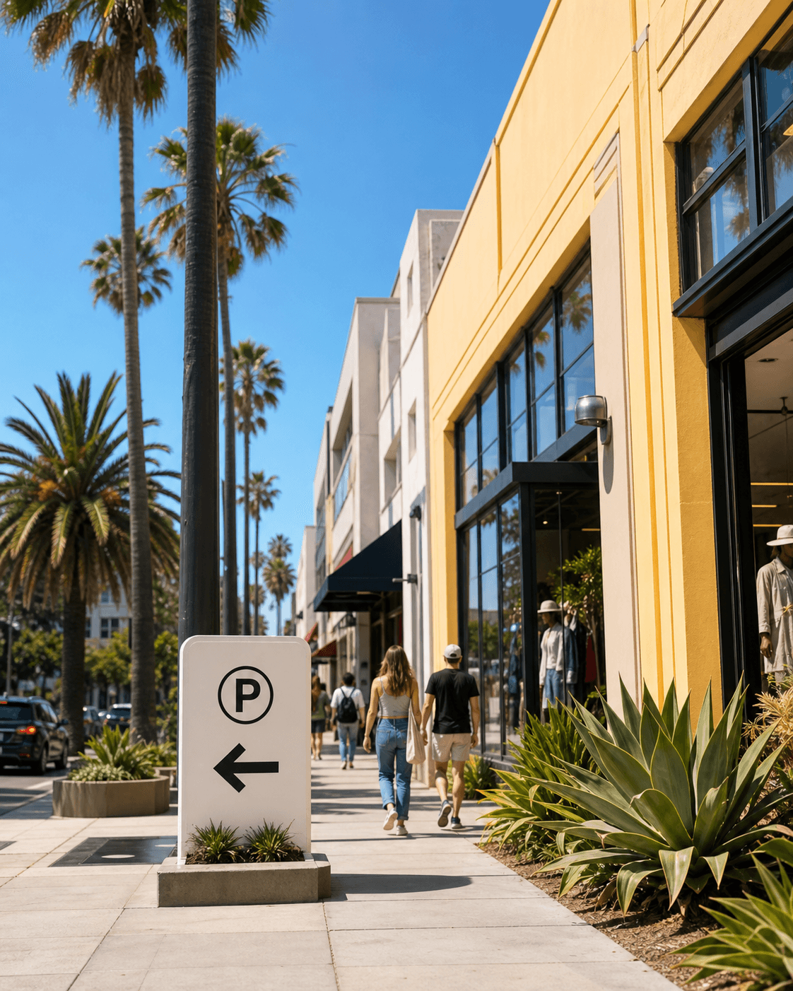 A sunny Downtown Santa Monica sidewalk near public parking