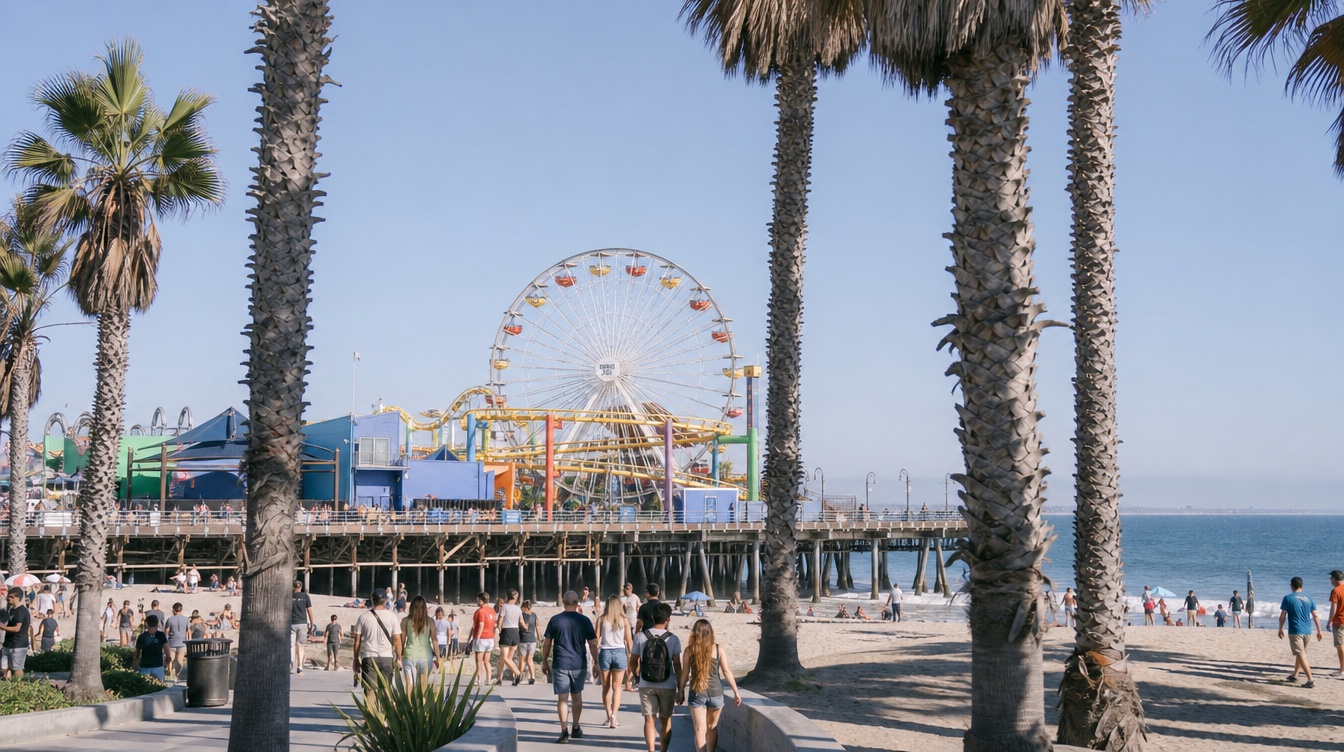 The Santa Monica Pier ferris wheel against a deep blue sky