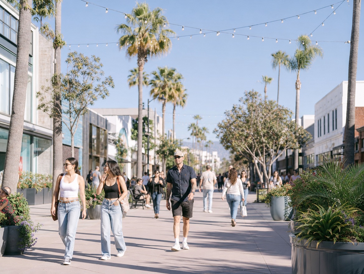 A palm-lined pedestrian shopping street in Santa Monica