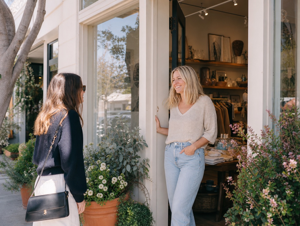 A shop owner chatting with a visitor outside a Santa Monica boutique