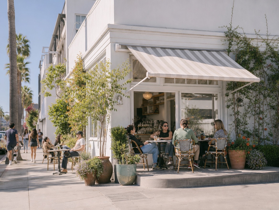 A vintage California cafe storefront with a teal awning